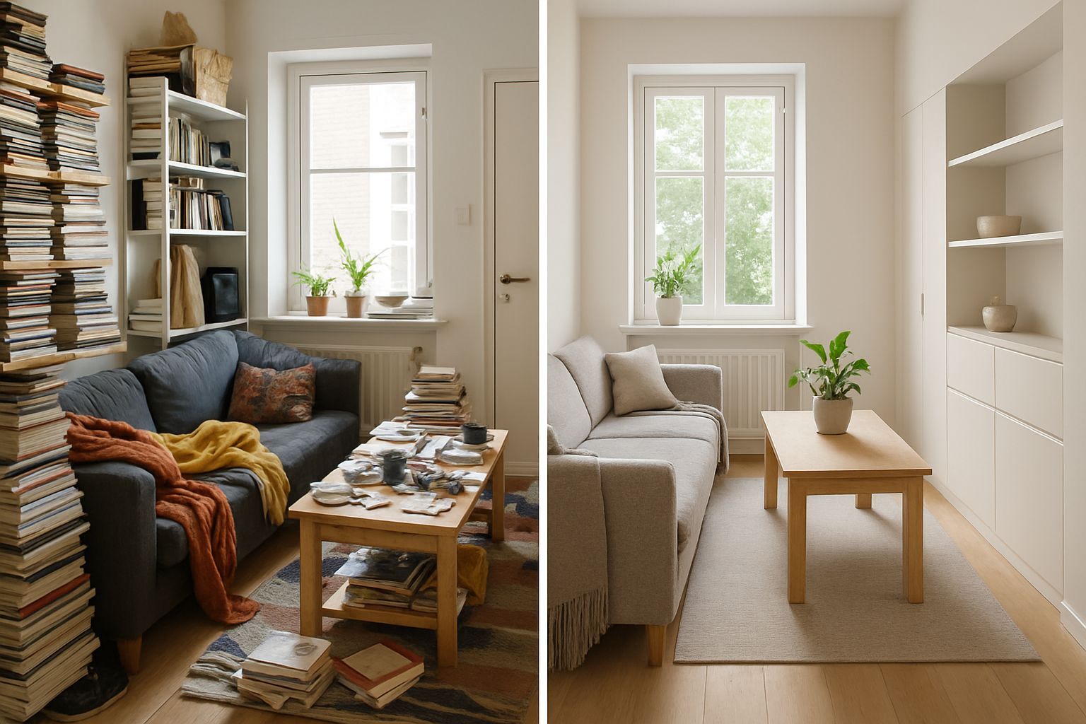 Værelse i to paneler: venstre rodet entré, højre minimal nordisk med modulær reol, træbord, plante, tæppe og bomuldspude, rolig belysning.