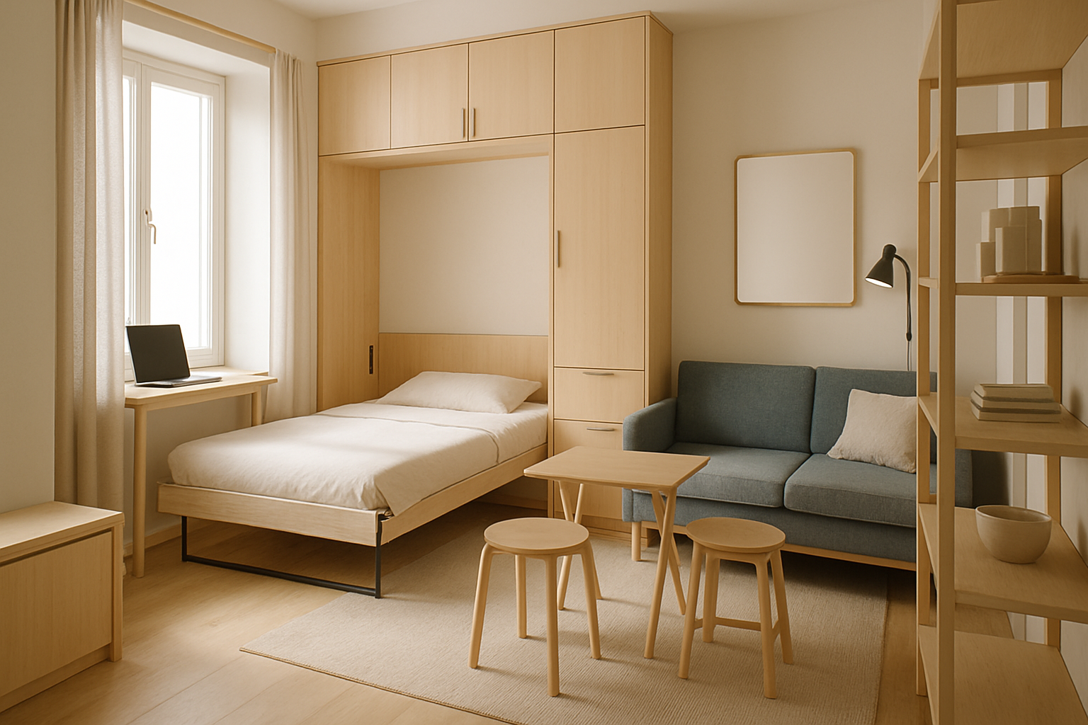 Fotorealistisk coverbillede af et roligt nordisk studio på ca. 20 m² med fold-ud seng, træbord og spejl, dagslys fra venstre.