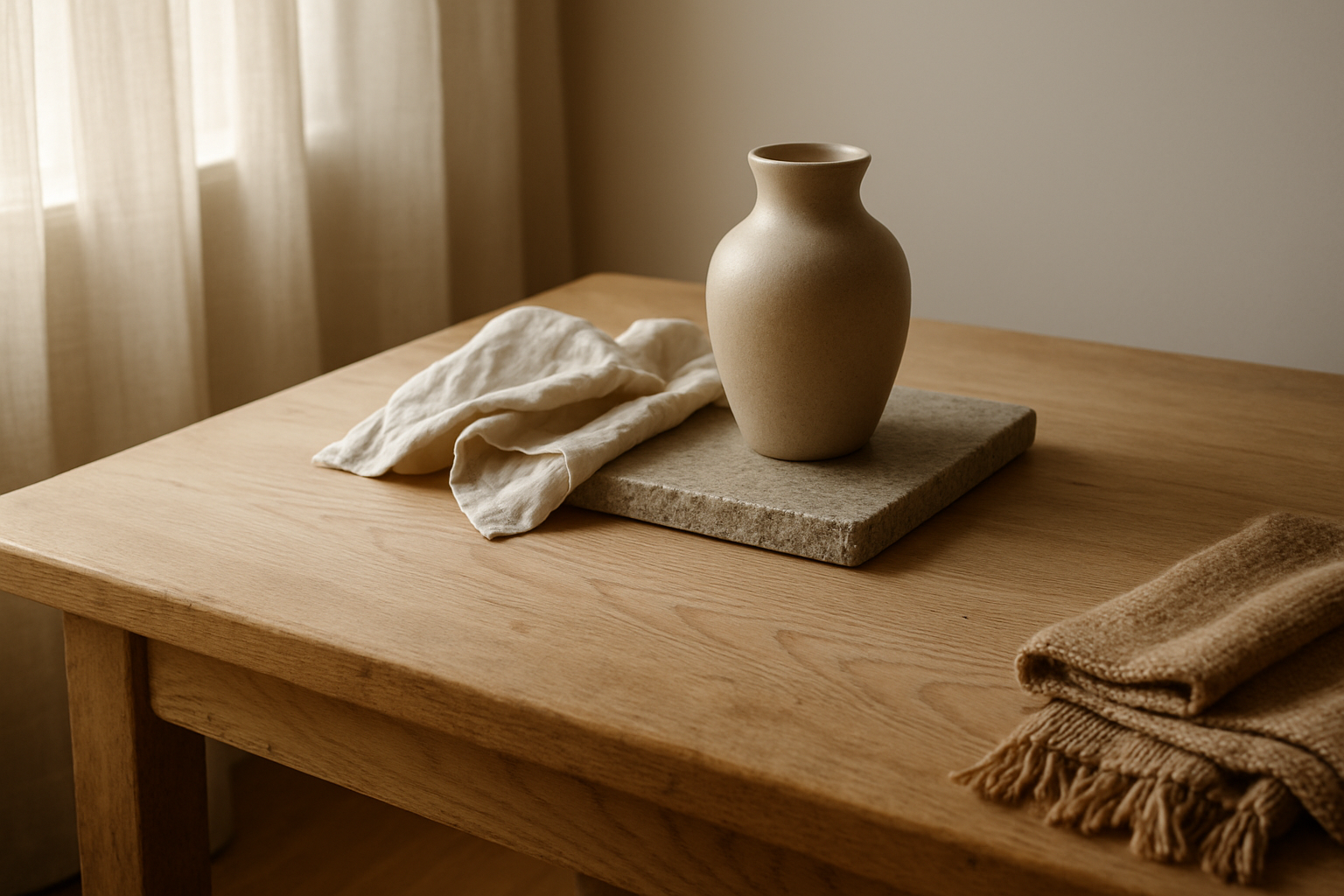 Fotorealistisk horisontalt coverbillede af lyst nordisk interiør: træbord, stenskive, keramisk vase, hørdug, uldtekstiler og morgenlys.