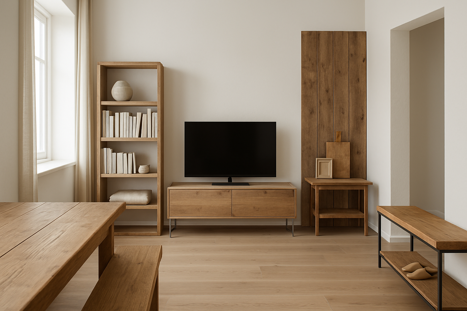 Fotorealistisk nordisk stue og entré i genbrugstræ med åben reol, spiseplanke, bænk, rige teksturer og naturlig lys.